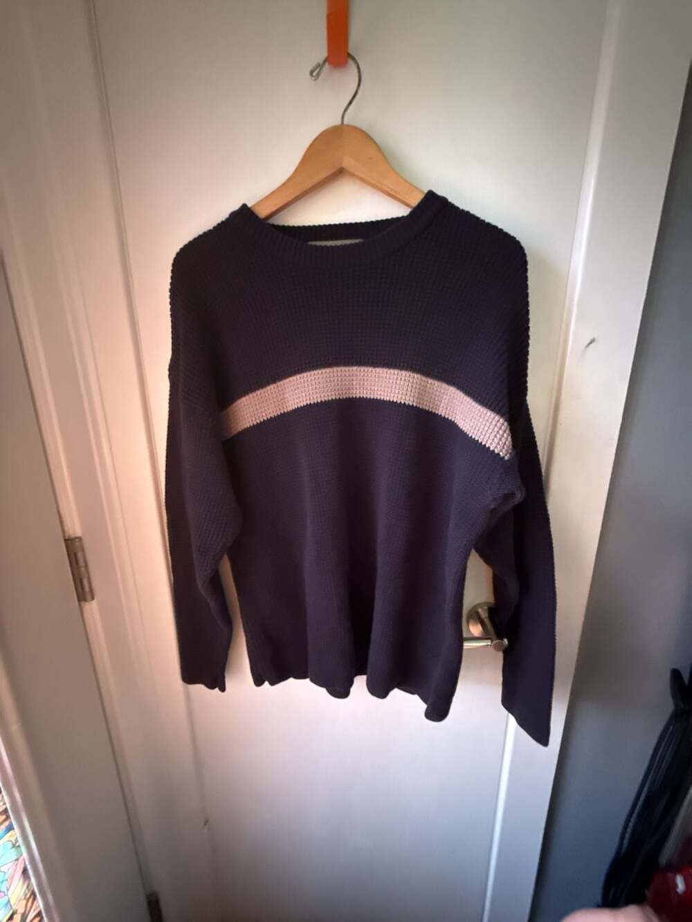 Haggar Generations Vintage Navy Blue Waffle Knit Striped Crewneck Sweater Size L